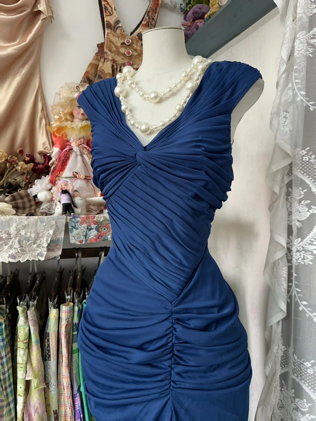 Navy Blue Mermaid Pleat Prom Dress Evening Party Dress fg7385