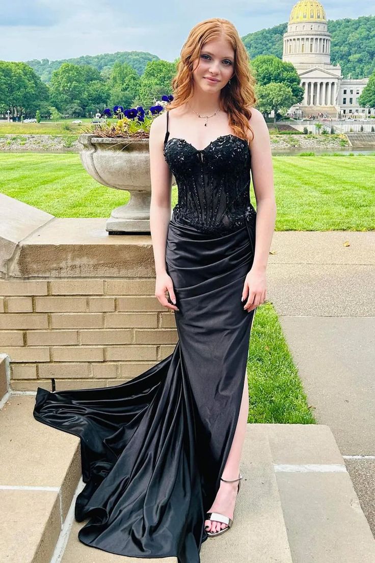 Spaghetti Straps Appliques Satin High Slit Party Prom Formal Evening Dress fg6988