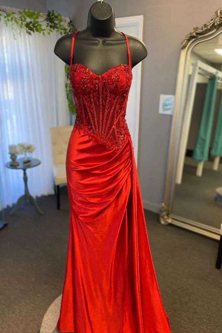 Spaghetti Straps Appliques Satin High Slit Party Prom Formal Evening Dress fg6988