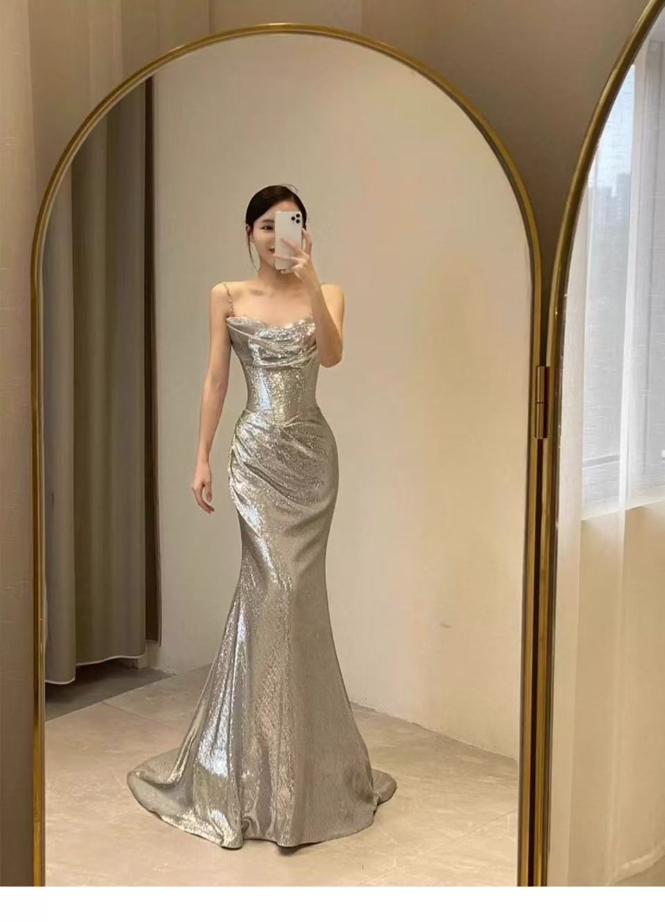 Elegant Mermaid Siver Sequin Prom Dress Sleeveless Evening Party Dress fg7379