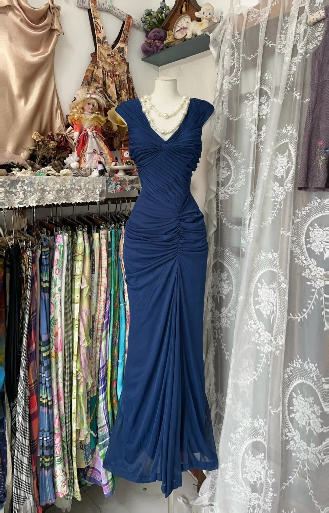 Navy Blue Mermaid Pleat Prom Dress Evening Party Dress fg7385