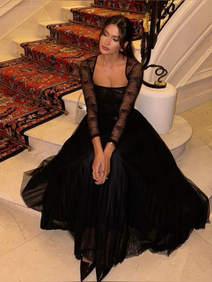 Black Evening Dress Elegant Lace Party Dress fg7313