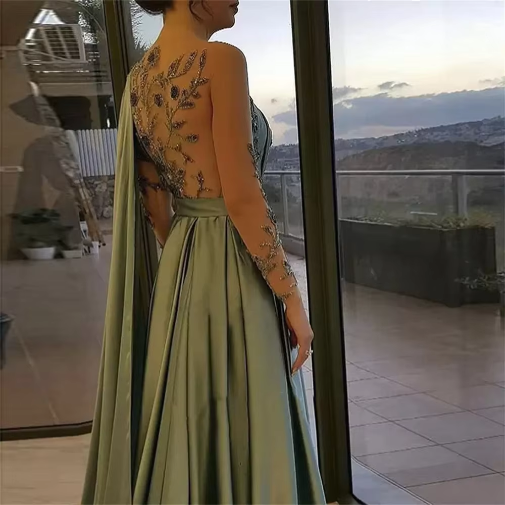 Evening Dresses One Shoulder Full Length Satin A Line Long Sleeves Formal Party Dress Prom Gown fg6768