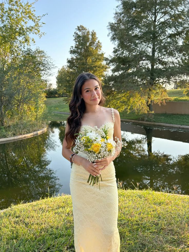 Pastel Yellow Prom Dress, Elegant Lace Evening Dress fg7337