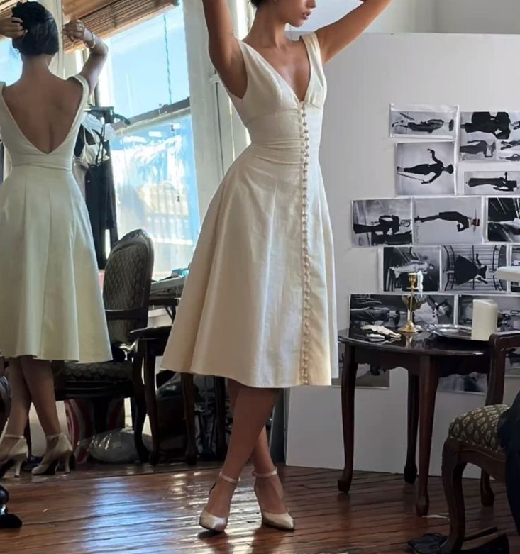 Elegant A line Prom Dress V Neck White Evening Dress fg7271