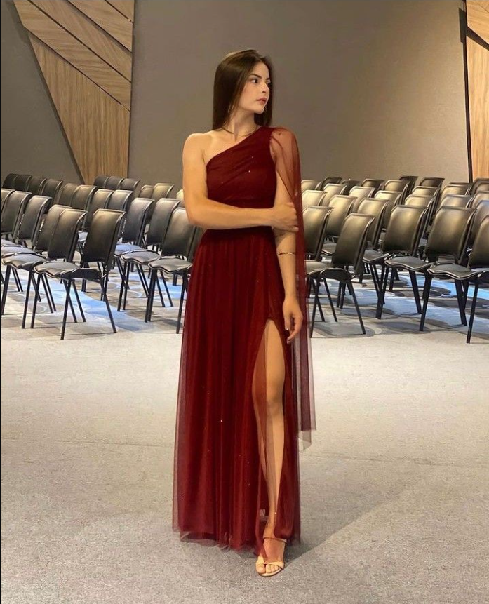 Burgundy Shinny Tulle Prom Dress, Elegant Evening Party Dress fg7328