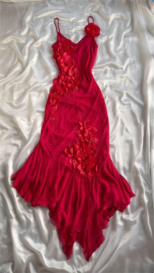 Red V-Neck Prom Dress Long Formal Dress With Flowers fg7048