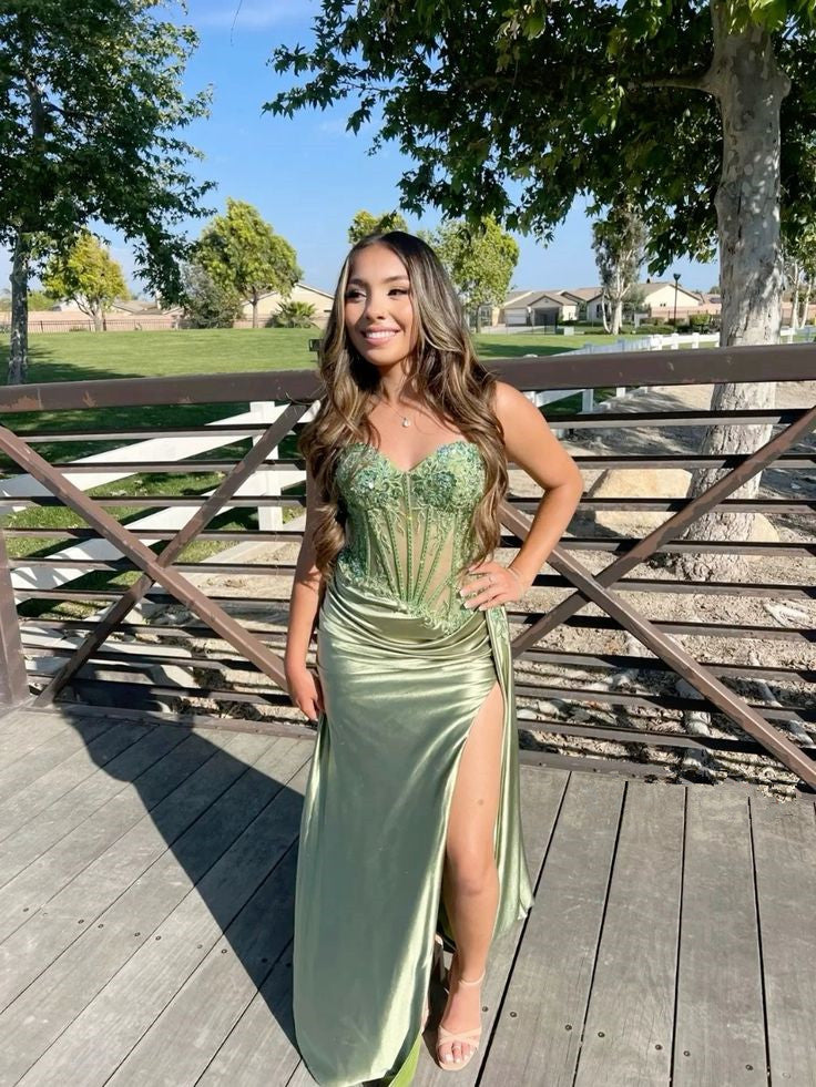 Spaghetti Straps Appliques Satin High Slit Party Prom Formal Evening Dress fg6988