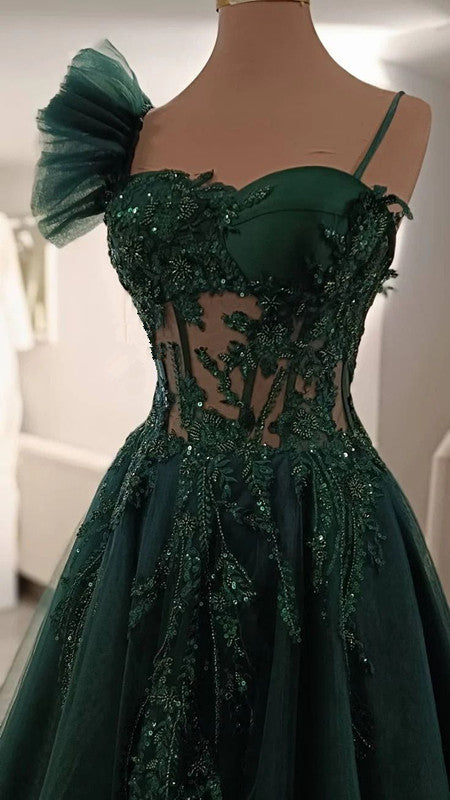 Green Long A-Line Prom Dress, Spaghetti Straps Evening Dress fg6998