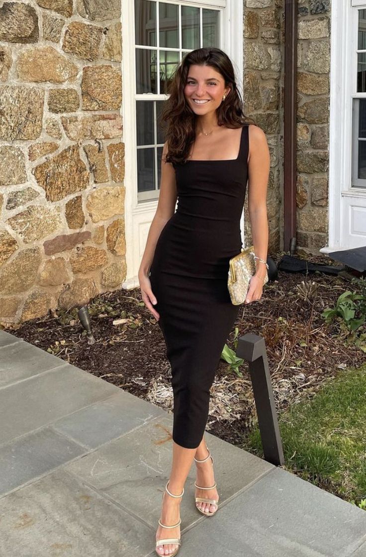 Black elegant evening dress, mid-length dress for women fg7084