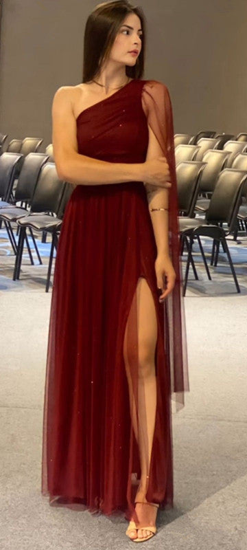 Burgundy Shinny Tulle Prom Dress, Elegant Evening Party Dress fg7328