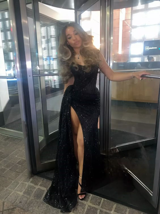 Black long prom dress with Slit ,strapless evening dress fg6766
