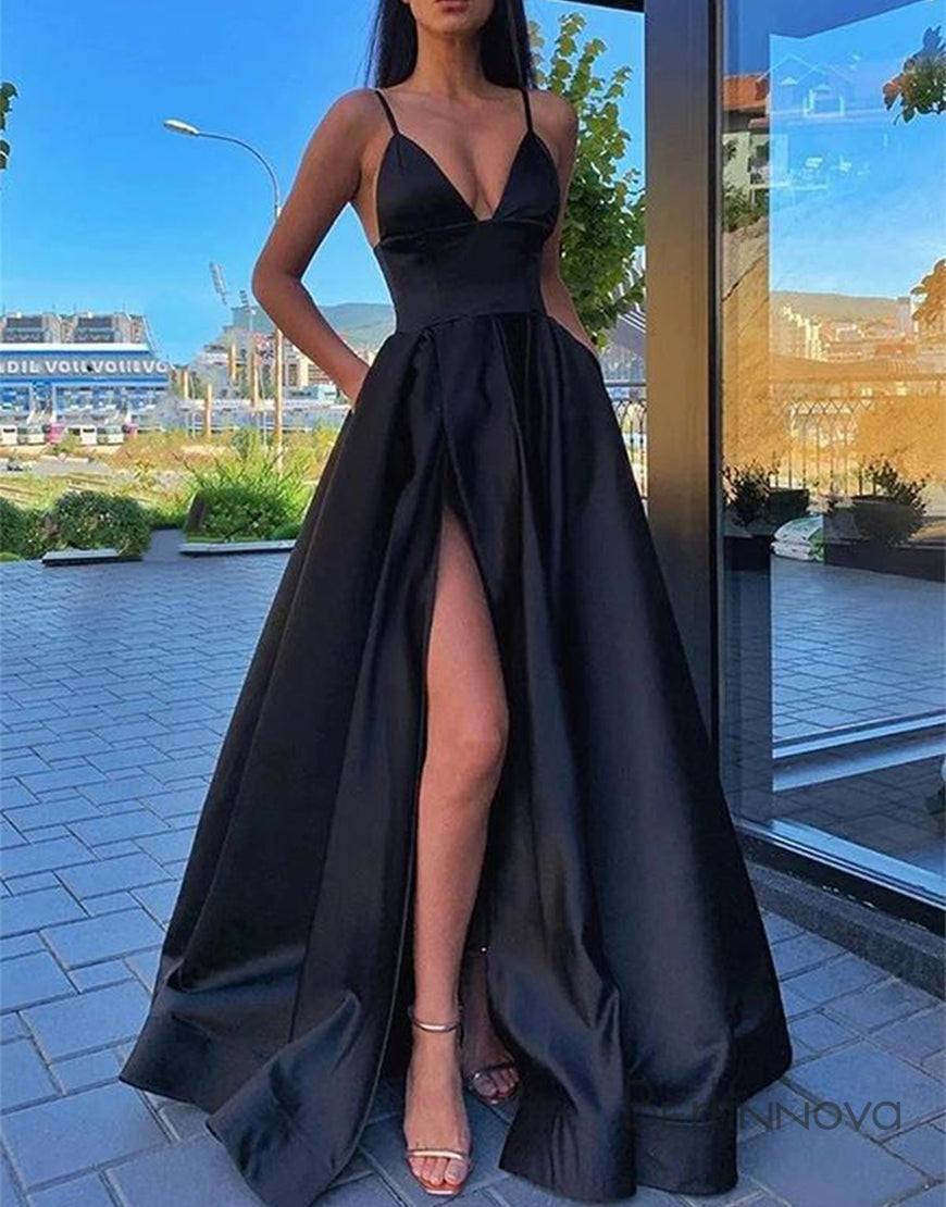 A-Line V-Neck Burgundy Prom Dress With Legsplit - Fashionpara