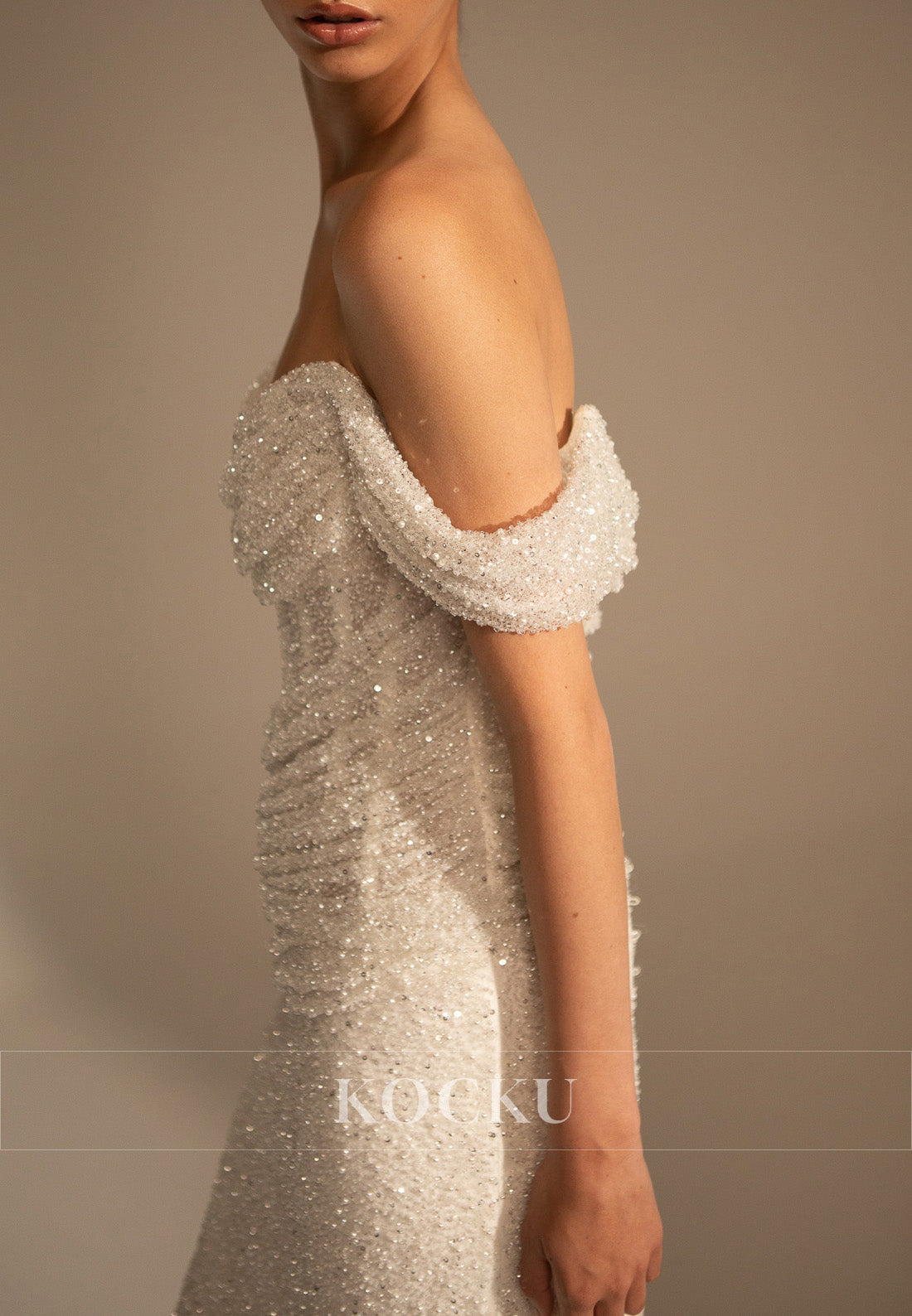 Glamorous Off - Shoulder Sparkle Mermaid Wedding Dress with Train