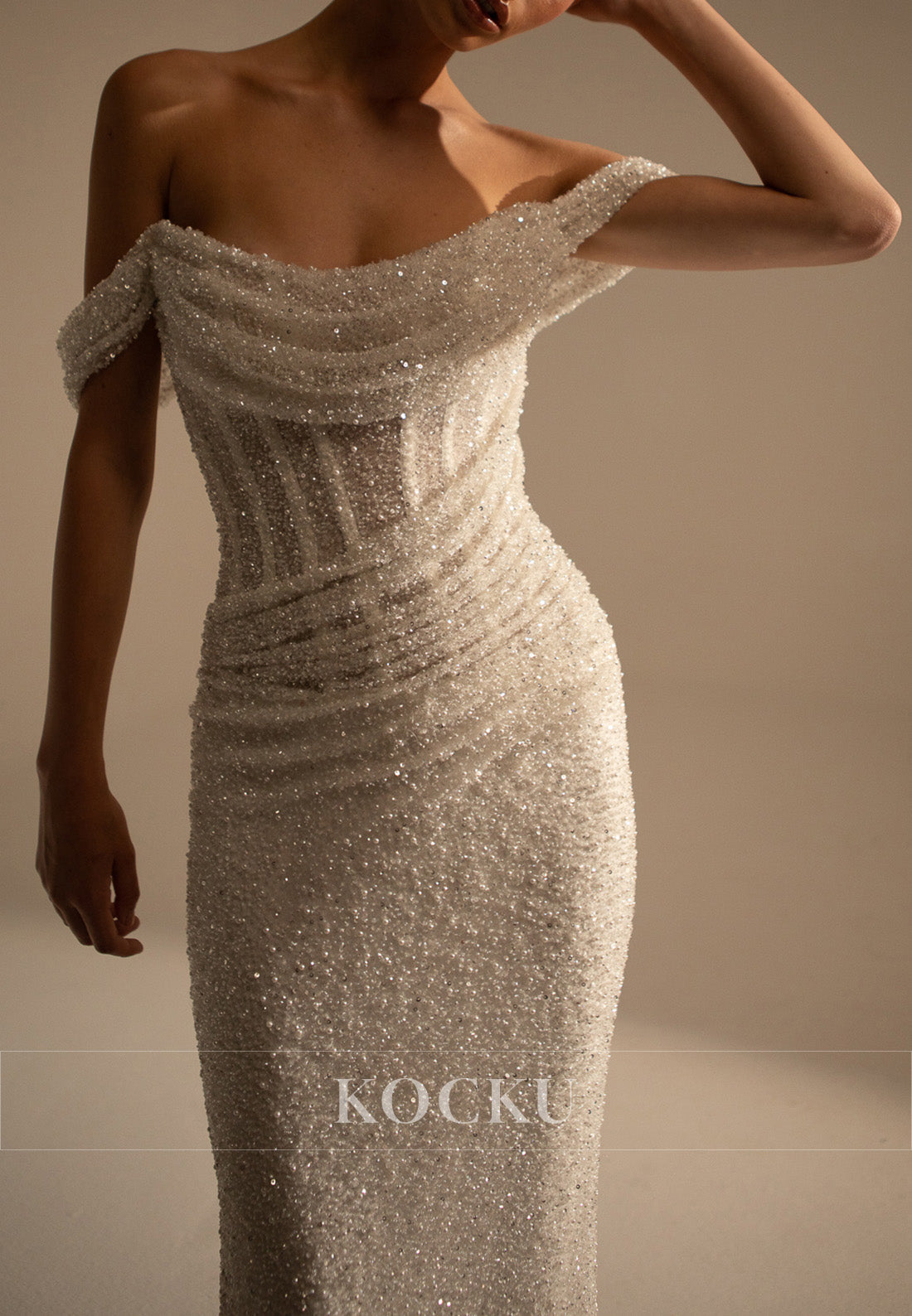 Glamorous Off - Shoulder Sparkle Mermaid Wedding Dress with Train