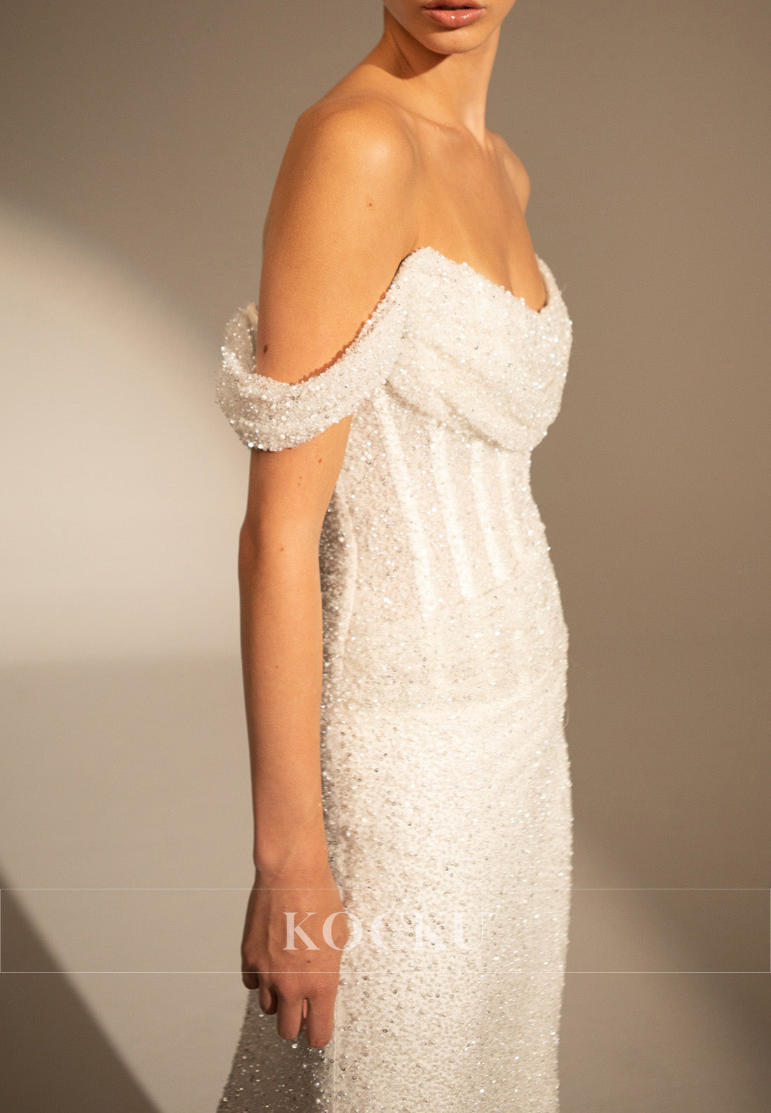 Glamorous Off - Shoulder Sparkle Mermaid Wedding Dress with Train