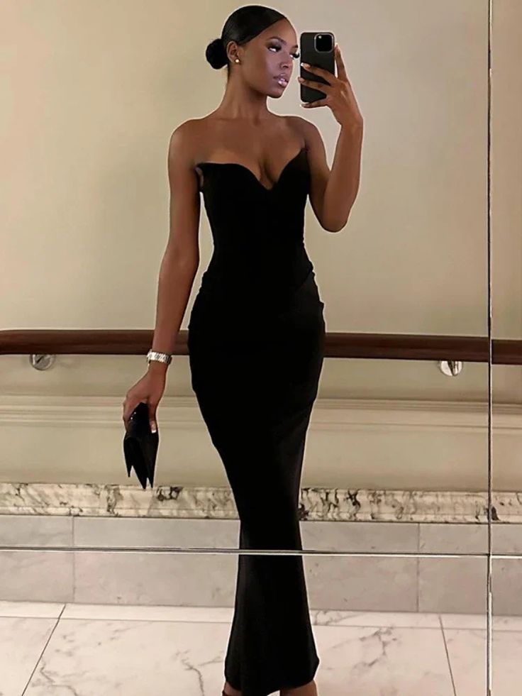 Strapless Prom Dress Black Elegant Evening Party Dress fg7310