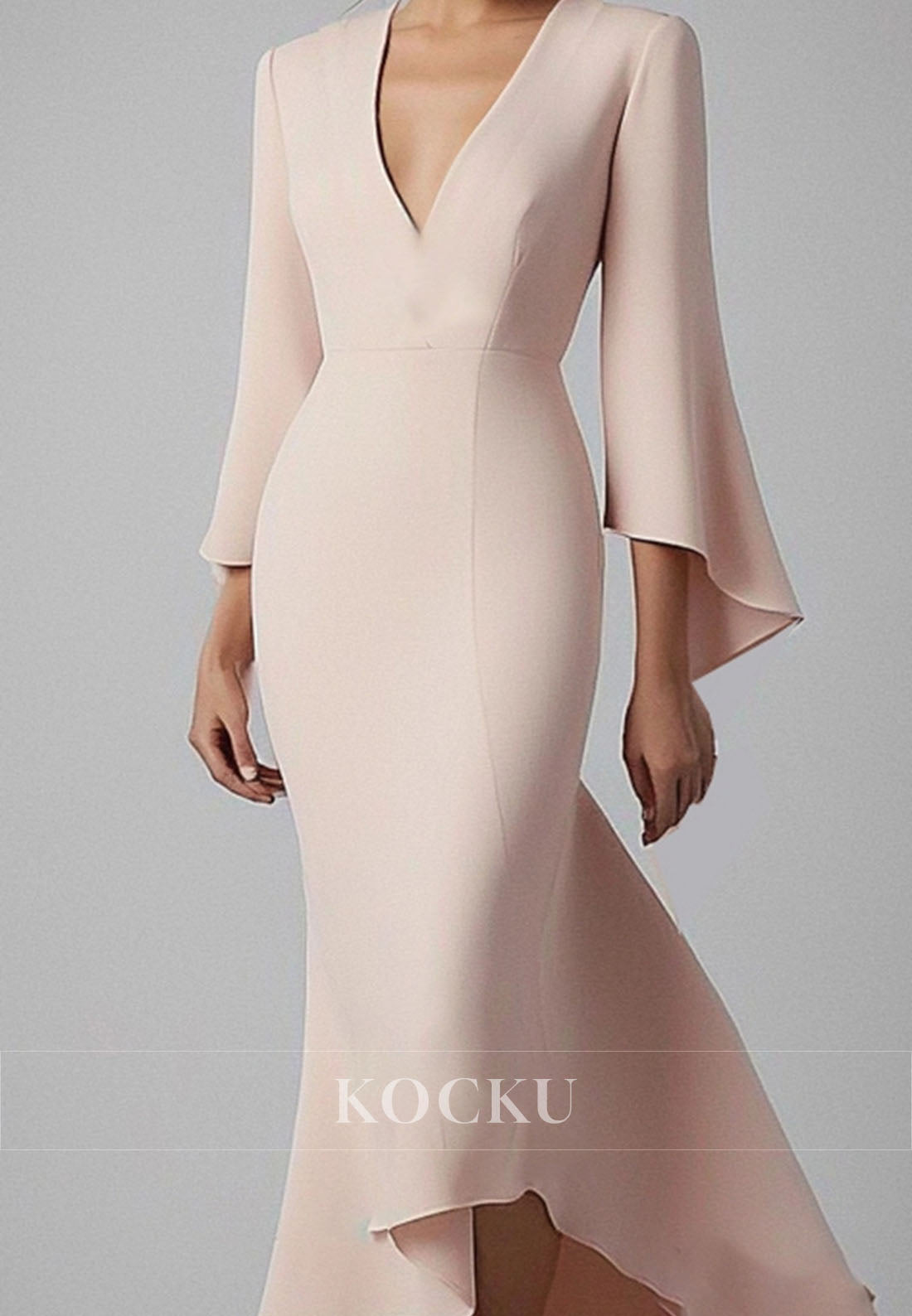 Daily Work Dress V-Neck Long Sleeves Mermaid High Low Satin Wedding Guest Gown