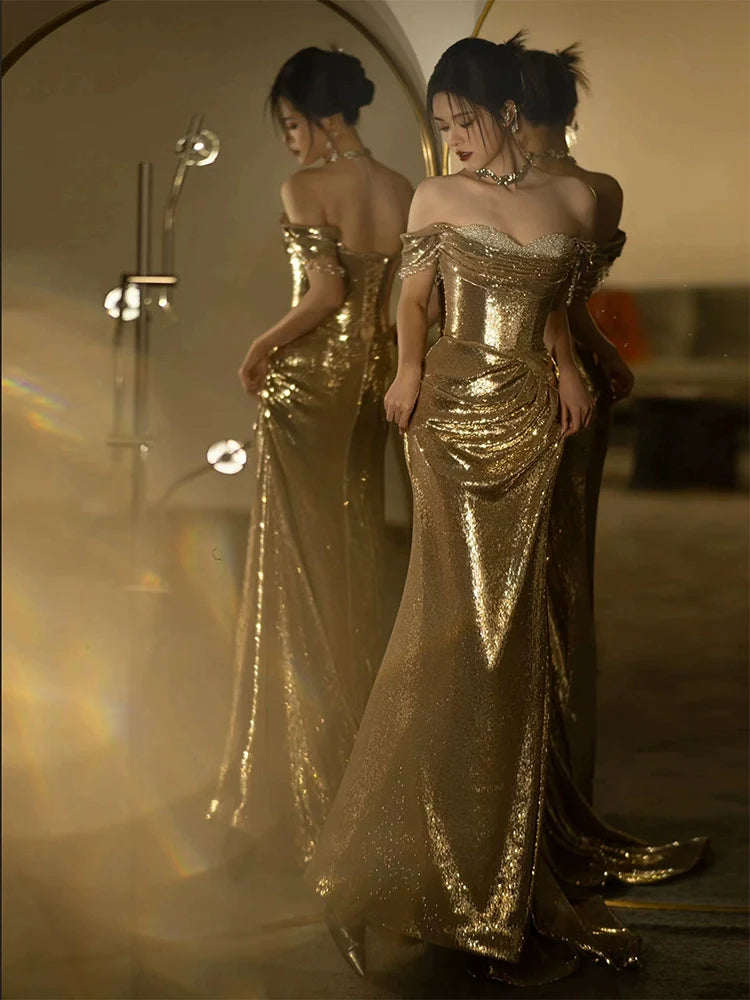 Mermaid Gold Long Prom Dress Sexy Off Shoulder Evening Dresses fg7664
