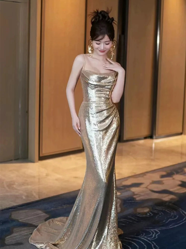 Gold Sequin Mermaid Long Prom Dress Sexy Evening Dresses fg7667