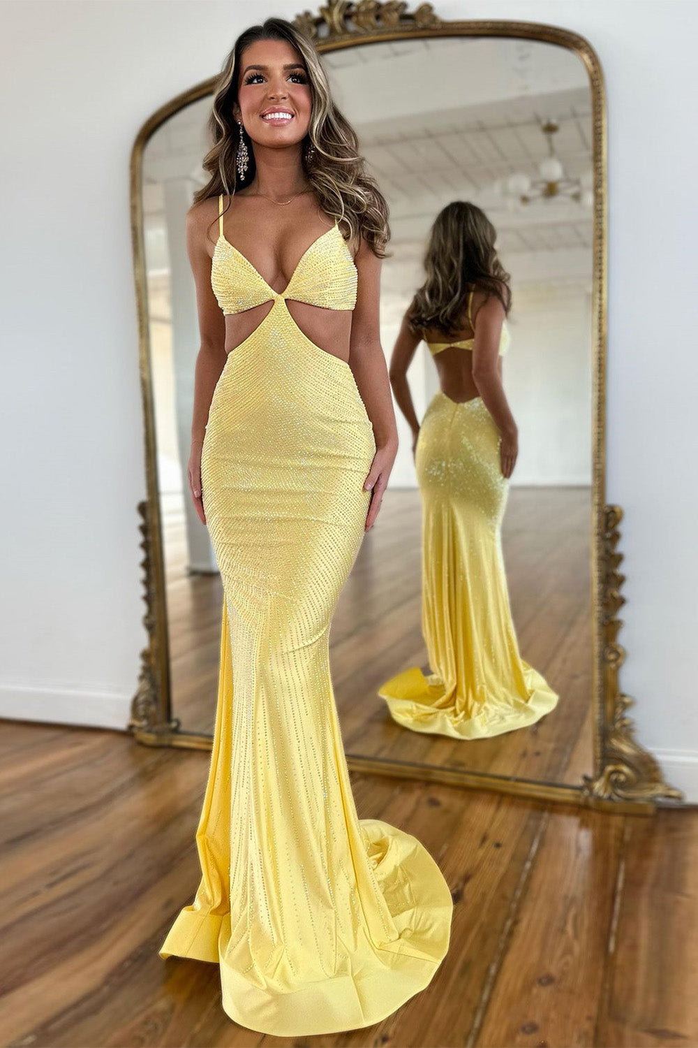 Stylish Orange Mermaid Spaghetti Straps Long Beaded Prom Dress - Fashionpara