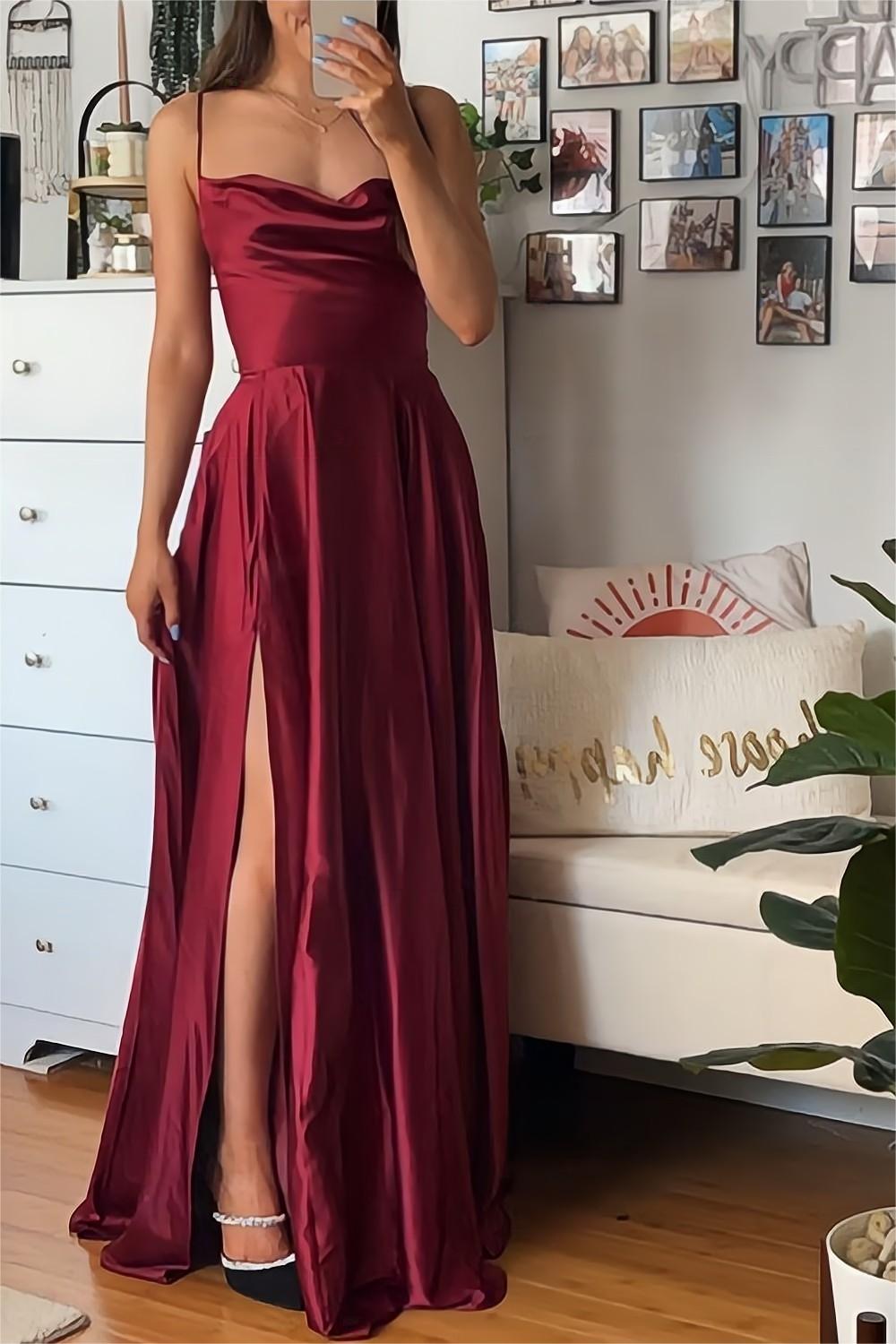 A Line Spaghetti Straps Burgundy Long Prom Dress with Split Front