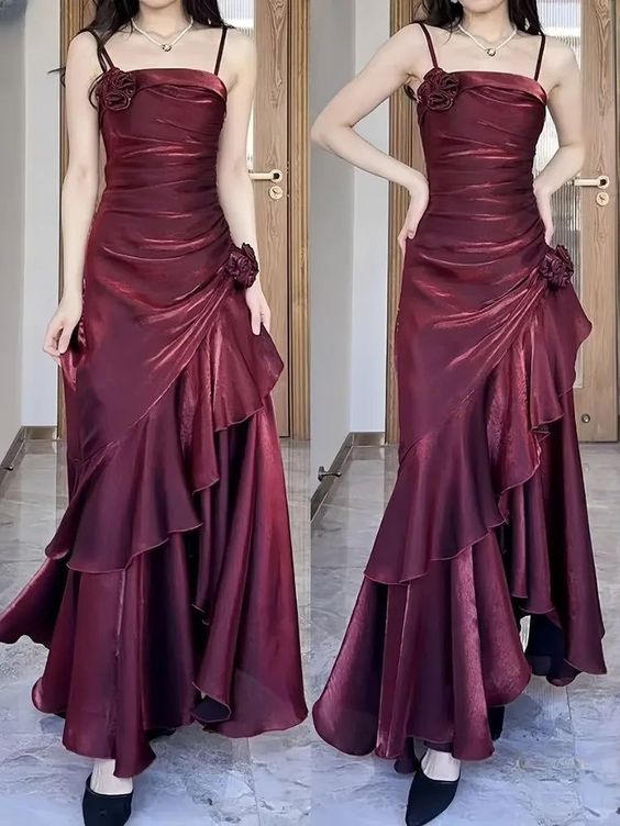 Spaghetti Straps Women Dress Custom Sexy Wine Red Tiered 3D Flower Evening Dress fg6895