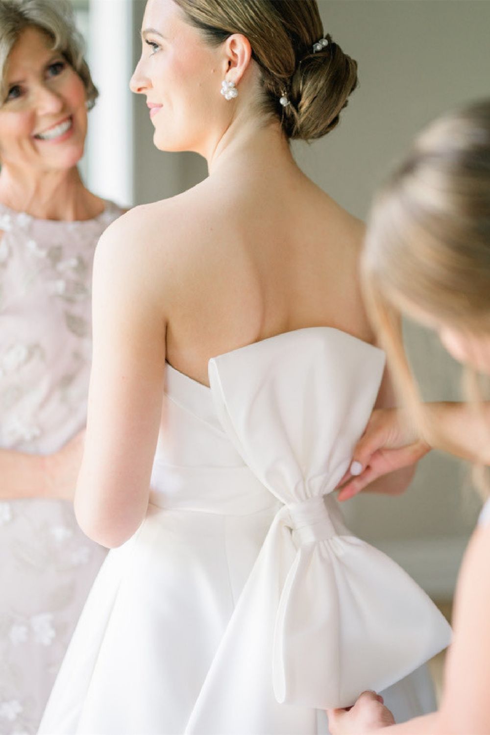Elegant A Line Strapless White Satin Long Bridal Dress with Bowknot