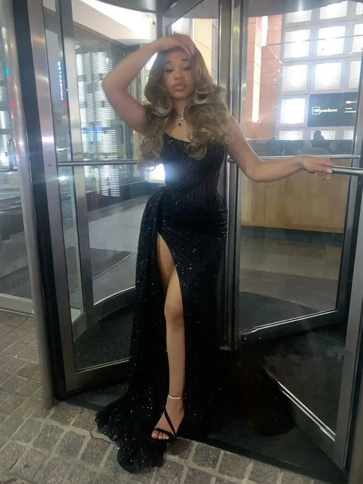 Black long prom dress with Slit ,strapless evening dress fg6766
