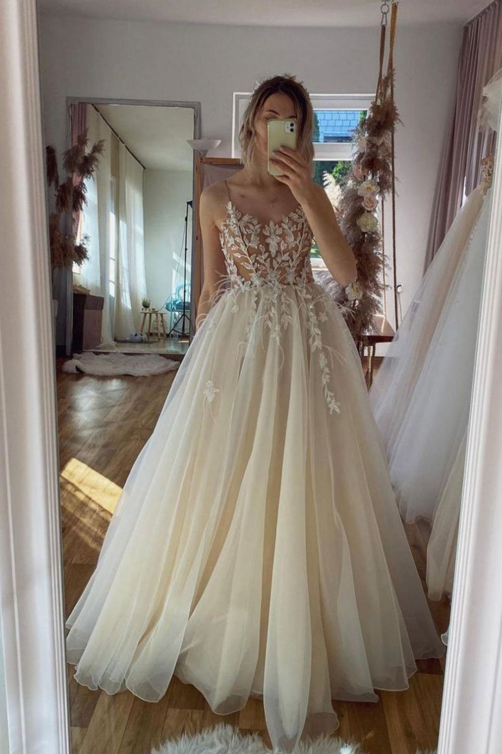 Gorgeous A Line Spaghetti Straps Champagne Prom Dress with Appliques