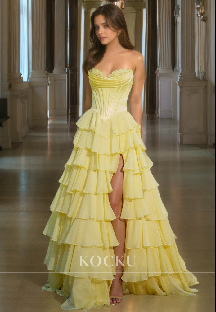 A-Line Sweetheart Sleeveless High Split Stripe Appliques Lace Prom Dress Formal Gowns with Train