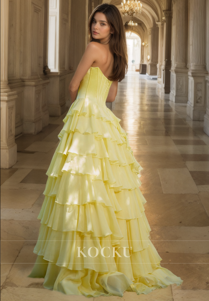 A-Line Sweetheart Sleeveless High Split Stripe Appliques Lace Prom Dress Formal Gowns with Train
