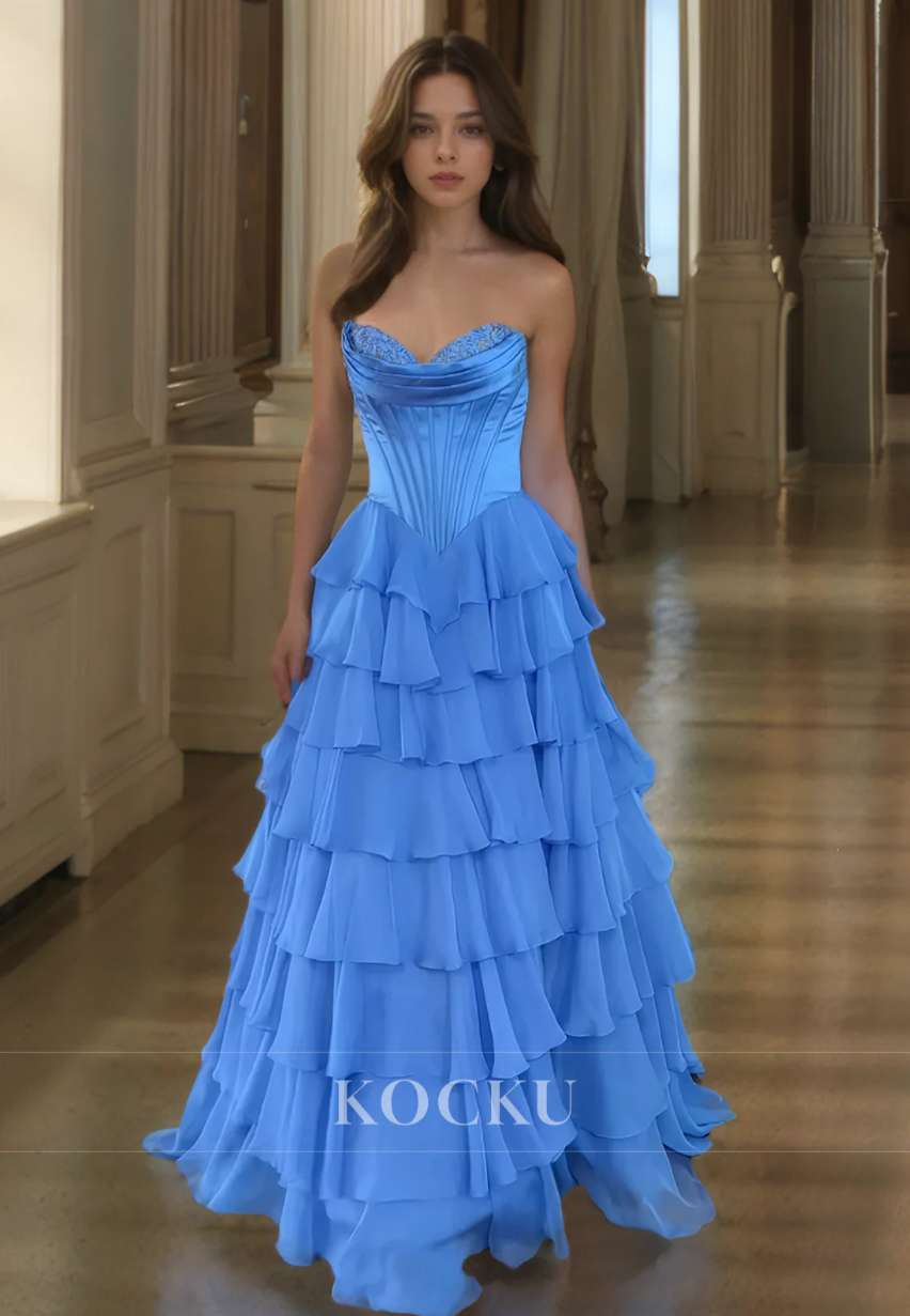 A-Line Sweetheart Sleeveless High Split Stripe Appliques Lace Prom Dress Formal Gowns with Train