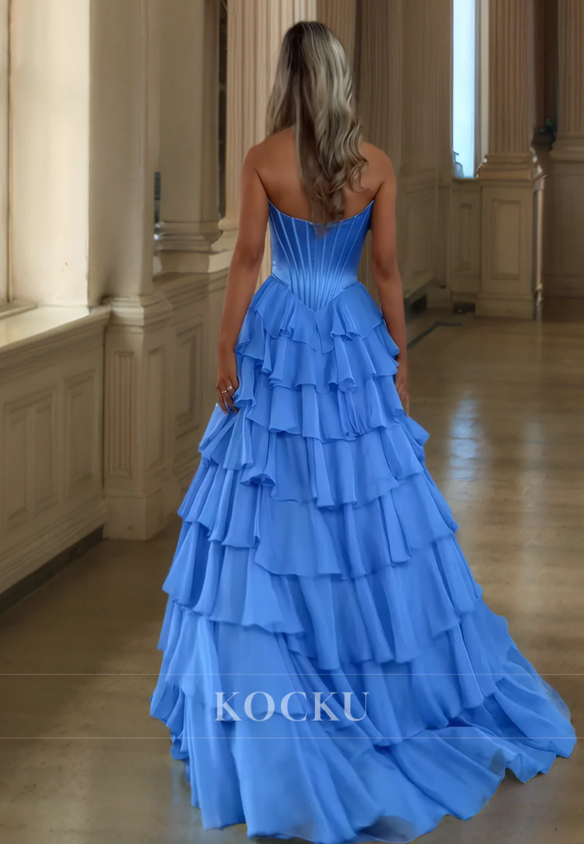A-Line Sweetheart Sleeveless High Split Stripe Appliques Lace Prom Dress Formal Gowns with Train