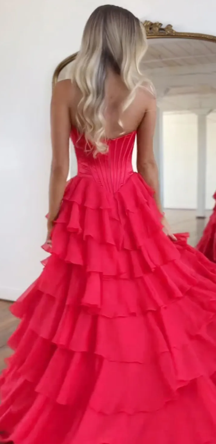 A-Line Sweetheart Sleeveless Floor-Length Pleated Lace Stripe Prom Dress with High Slit Formal Gown