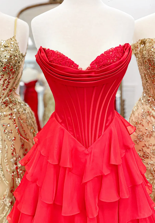 A-Line Sweetheart Sleeveless Floor-Length Pleated Lace Stripe Prom Dress with High Slit Formal Gown