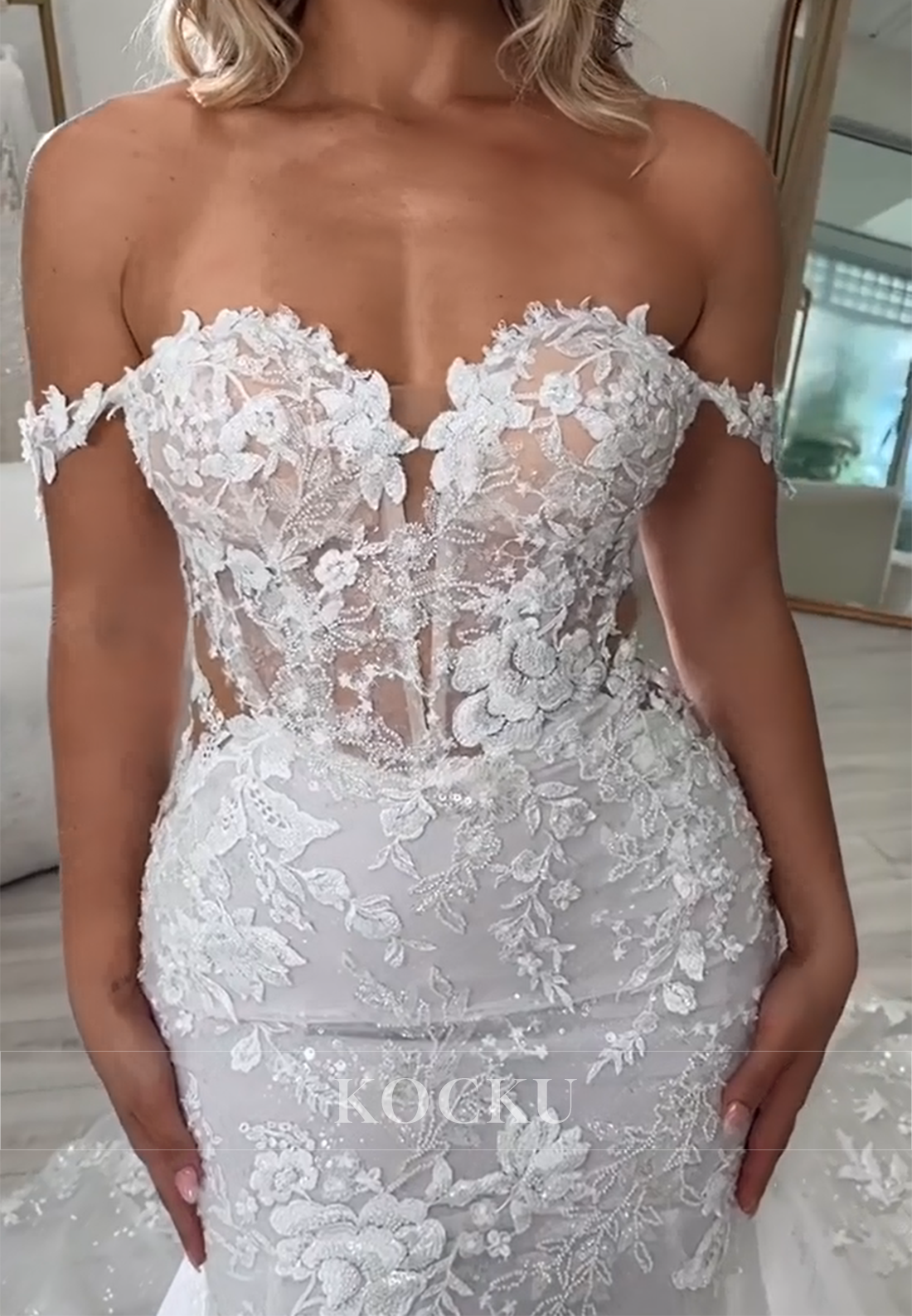 Sparkling Off the Shoulder Appliques Lace Trumpet Wedding Dresses