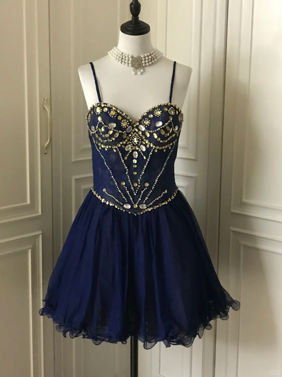 Vintage Navy Blue Lace Beaded A Line Homecoming Dress Birthday Dress S545