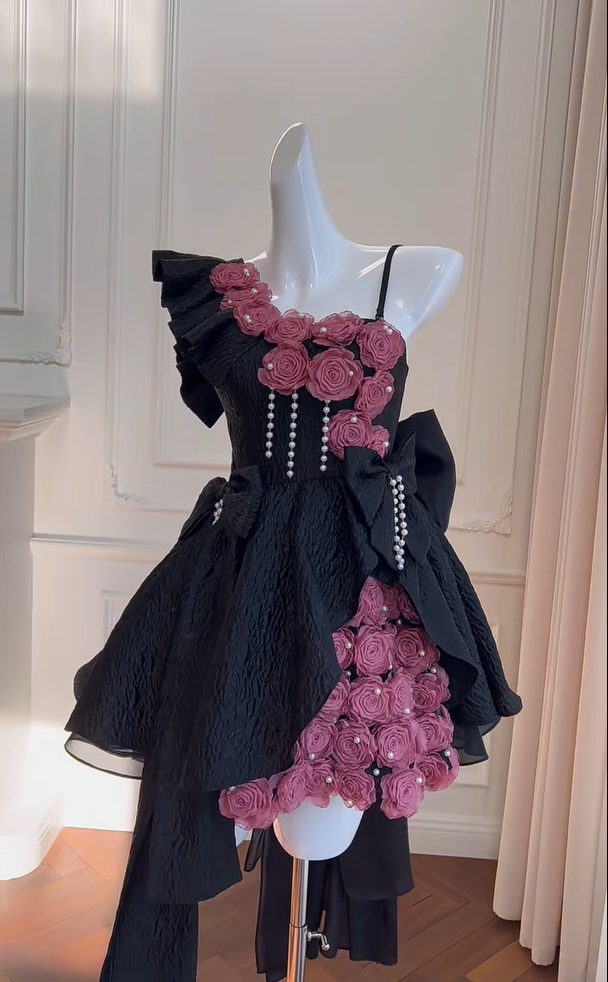 Uniques Rose Flowers Black Off The Shoulder Homecoming Dress A Line Birthday Dress S485