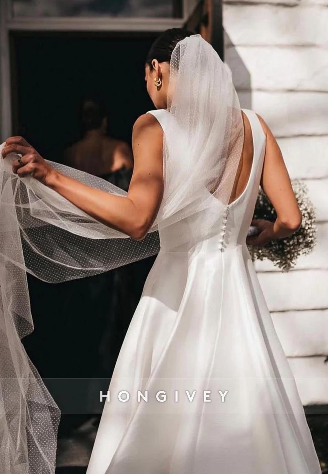 Regular Straps Satin Princess Square Pleated Low Back Wedding Dresses