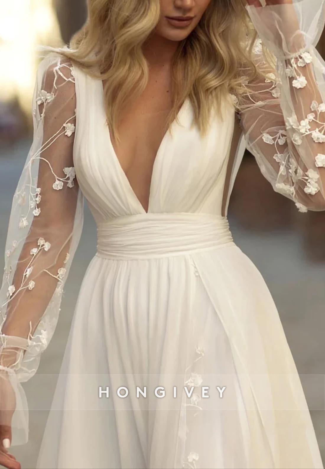 High Slit Long Sleeve V Back Pleated V Neck A-line Boho Wedding Dresses