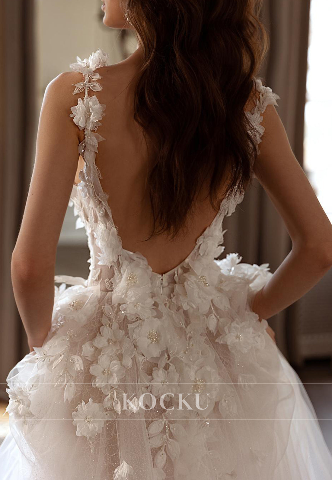 Plunging V - Neck 3D Floral Glitter Tulle Wedding Dress with High Slit & Open Back