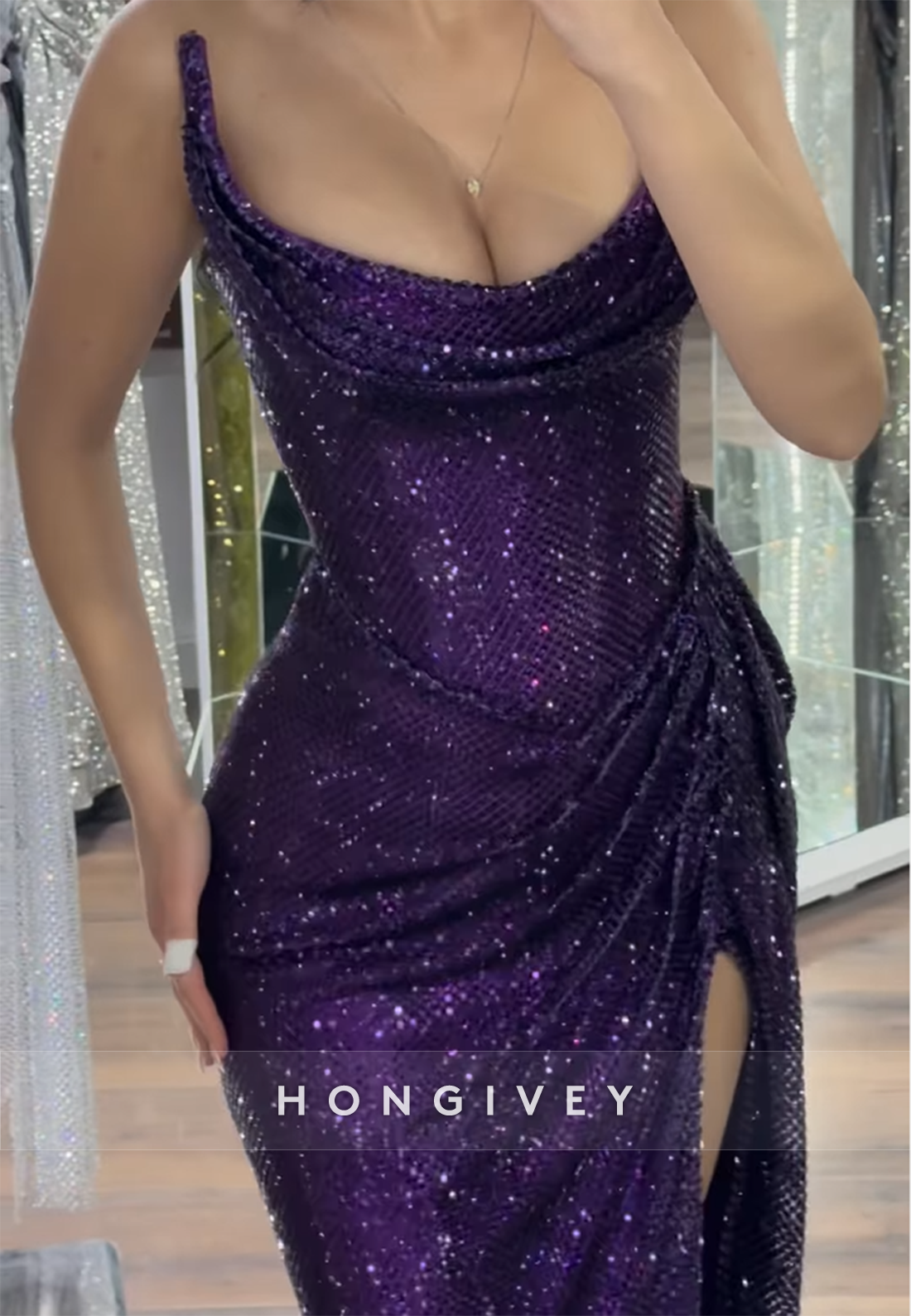 Sheath Floor-Length Glitter Evening Gown Strapless Pleated Prom Dresses