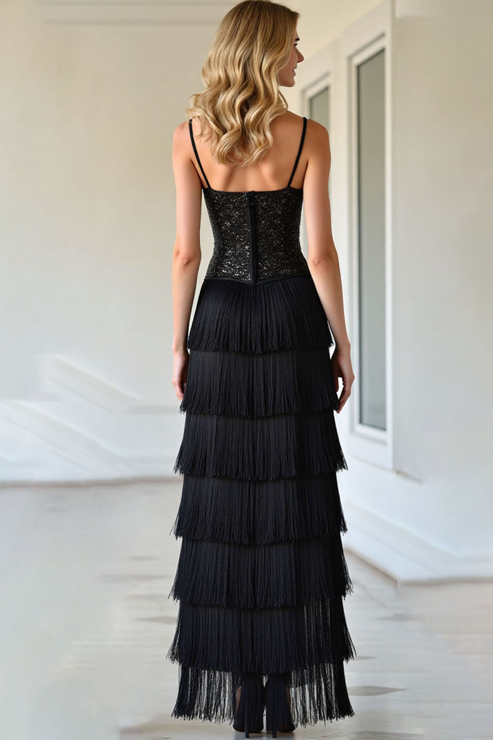 Black Corset A Line Spaghetti Straps Fringe Prom Dress With Slit