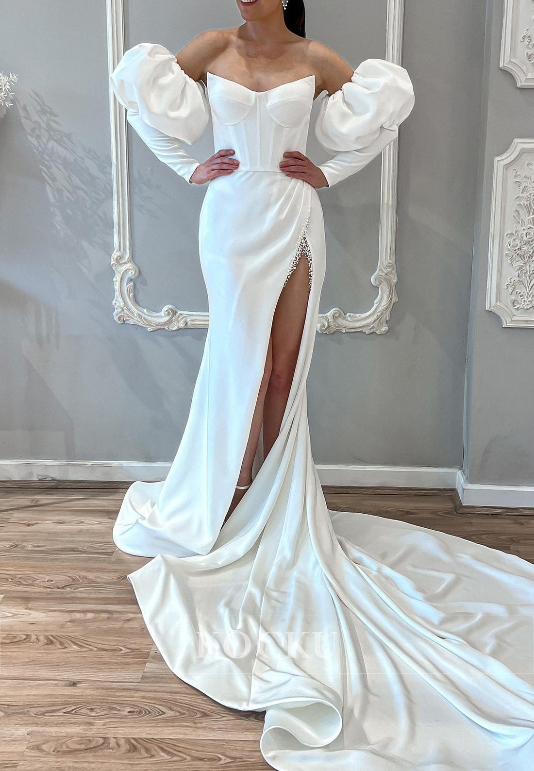 Chic Strapless Puff Sleeve Mermaid Wedding Dress with Beaded Slit & Train