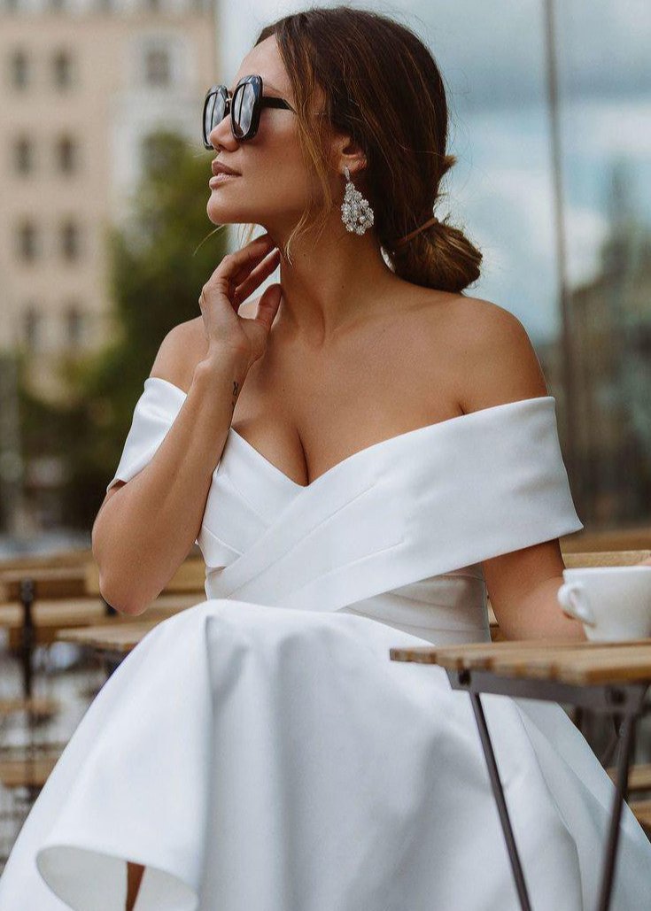 A-Line Satin Tea Length White Off the Shoulder Wedding Dress