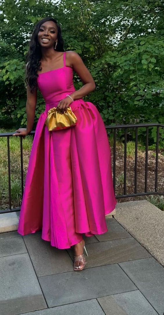 Fuchsia Spaghetti Straps A-Line Satin Long Formal Party Dress fg7476