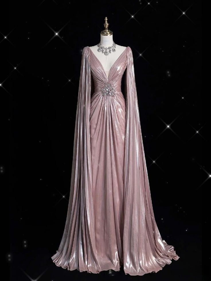 Luxury A-line Evening Prom Dress Long Sleeve V-neck Shiny Custom Made Party Gowns fg7452