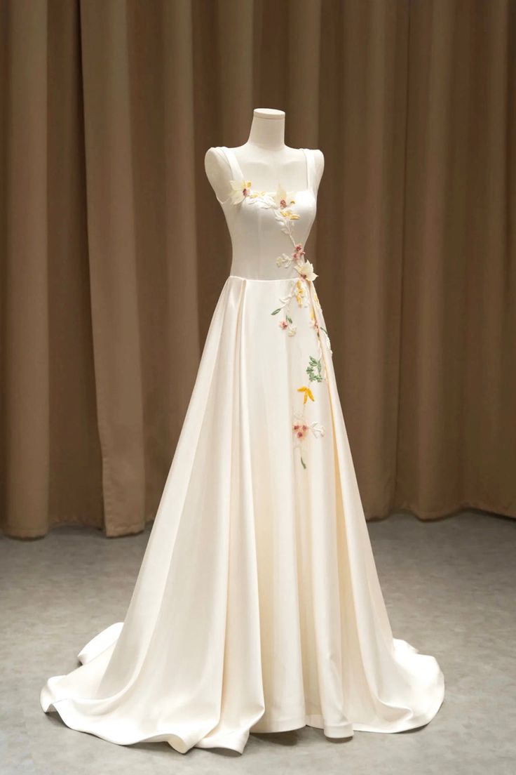 Elegant Satin Floor Length Formal Dress with 3D Flowers, Light Champagne A-Line Evening Party Dress fg7524