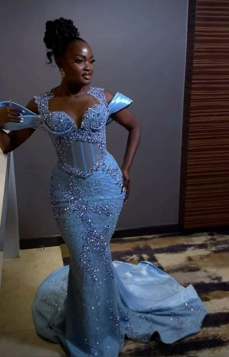 Sparkly Rhinestones Blue Mermaid Long Prom Dress Evening Dress fg7114